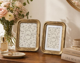 Vintage Ornate Antique Gold Photo Frame | 5x7 4x6 Beaded Picture Frame Set | Embossed Scalloped Frame | Retro Home Decor