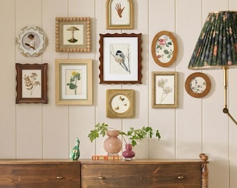 Wood Picture Frame Set, 10pcs Vintage Multi Shape Assorted Design Frames (Arched, Oval, Beaded) for Gallery Wall, Entryway & Bedroom Decor