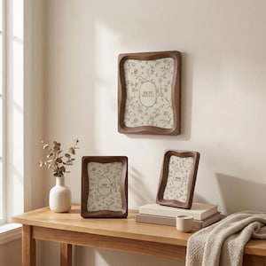 May include: Three dark brown wooden photo frames with wavy, organic edges. One frame is mounted on the wall, while two smaller frames stand on a surface. Each frame contains a cream-colored insert with a delicate floral line drawing pattern.