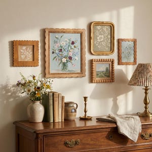 May include: A gallery wall arrangement featuring five framed art prints with floral and landscape themes, a ceramic vase with wildflowers, three books, a ceramic pitcher, a brass candlestick, and a table lamp with a pleated floral shade.