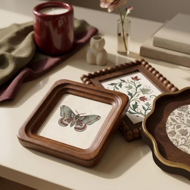 May include: Three wooden picture frames with different designs. One frame features a butterfly illustration, another has a floral print, and the third has a patterned design. A red candle, a small vase with a flower, and a small sculpture are also visible.