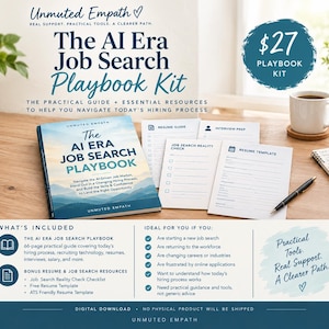 Könnte beinhalten: Das AI Era Job Search Playbook Kit enthält ein gedrucktes Handbuch mit dem Titel The AI Era Job Search Playbook sowie gedruckte Blätter mit den Bezeichnungen Resume Guide, Interview Prep, Job Search Reality Check und Resume Template und einen schwarzen Stift.