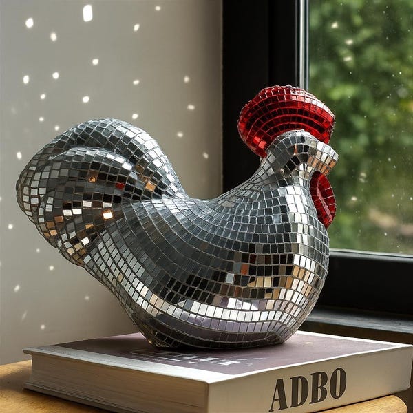Disco Chicken Figurine Silver Mosaic Mirror 70s Retro Design Disco Party & Home Decor
