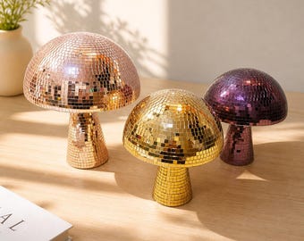 Paddenstoelendecoratie disco | Paddenstoelsculptuur spiegelmozaïek | Sprankelend plankaccent | 5 in 6 in 9 in | Goud, zilver, paars