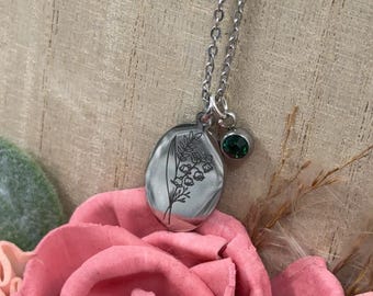 Personalized Birth Flower Charm Necklace, Engraved Oval Pendant, Stainless Steel Jewelry