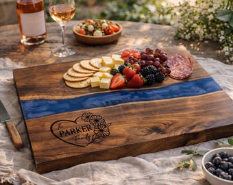 Personalized Acacia Wood Blue Resin Cutting Board | Engraved Serving Board, Kitchen Décor