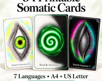 May include: A set of 54 printable somatic cards featuring the text 54 Printable Somatic Cards, 7 Languages, A4 + US Letter, Digital Download, and Bond & Awareness. The cards display illustrations of a green eye, a green spiral, and a closed eye.