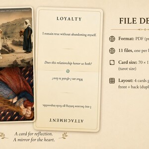 May include: A set of reflection cards featuring the word LOYALTY and the phrase I remain true without abandoning myself. The cards display artwork of figures in robes and a woman with long hair. File details include PDF format and 70 x 120 mm card size.