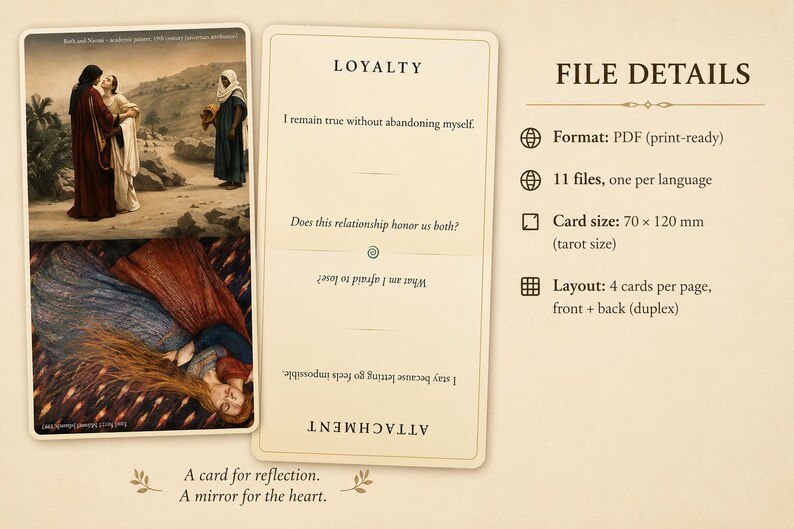 May include: A set of reflection cards featuring the word LOYALTY and the phrase I remain true without abandoning myself. The cards display artwork of figures in robes and a woman with long hair. File details include PDF format and 70 x 120 mm card size.