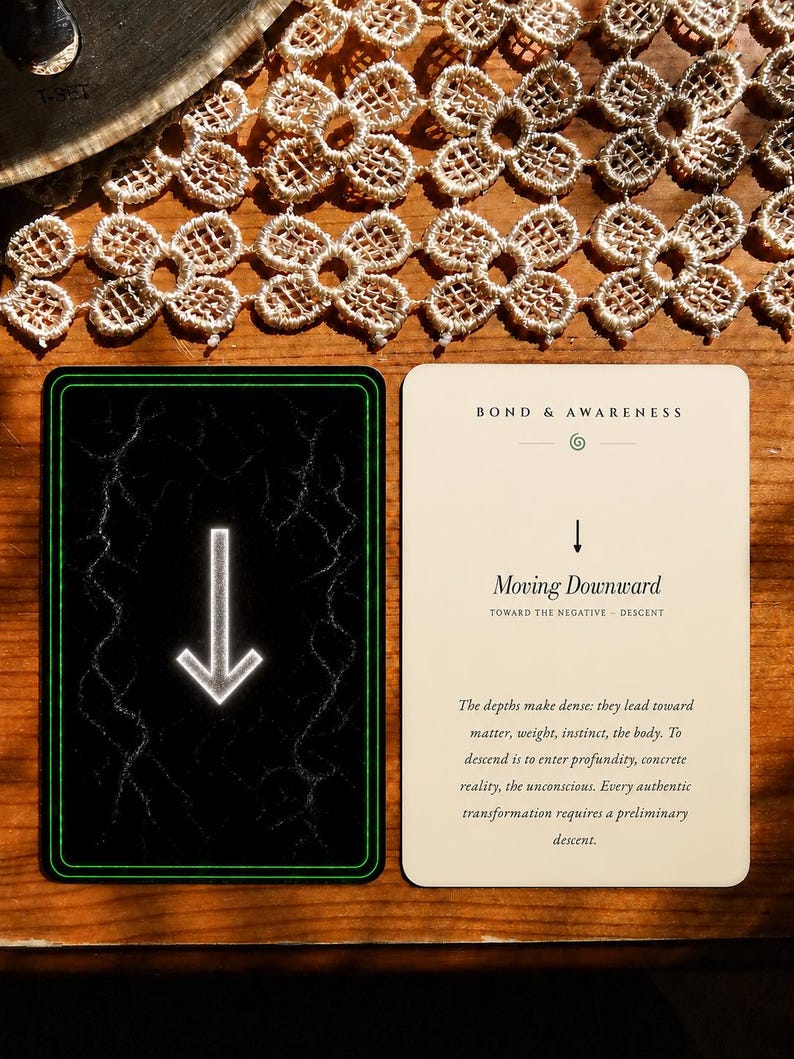 May include: Two rectangular cards. The left card is black with a white downward arrow and green border. The right card is cream-colored with the text BOND & AWARENESS, Moving Downward, TOWARD THE NEGATIVE - DESCENT, and a paragraph of descriptive text.