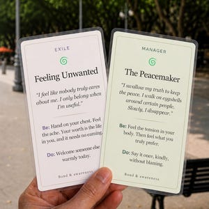 May include: Two rectangular cards with rounded corners. The left card is cream-colored, titled Exile, and reads Feeling Unwanted. The right card is pale green, titled Manager, and reads The Peacemaker. Both cards feature text prompts and the text Bond & awareness.