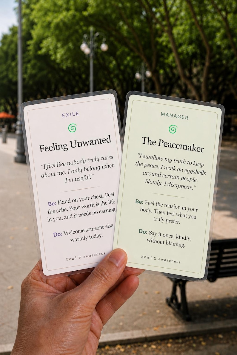 May include: Two rectangular cards with rounded corners. The left card is cream-colored, titled Exile, and reads Feeling Unwanted. The right card is pale green, titled Manager, and reads The Peacemaker. Both cards feature text prompts and the text Bond & awareness.