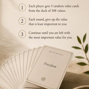 May include: A deck of cards with the word "Freedom" on the top card. The cards are part of a game about values, with instructions displayed above. The text reads "How it Works" and describes the game's steps.