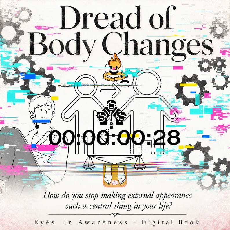 May include: A digital book cover titled Dread of Body Changes featuring a line-art illustration of a person, a scale, and gears. The text reads: 00:00:00:28, How do you stop making external appearance such a central thing in your life? Eyes In Awareness.