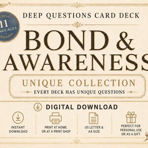 Op de afbeelding: Een digitaal kaartspel om te downloaden met de titel Deep Questions Card Deck Bond & Awareness Unique Collection. De beige afbeelding bevat donkere tekst, een blauwe cirkel met 11 Languages en iconen voor downloaden en printen.