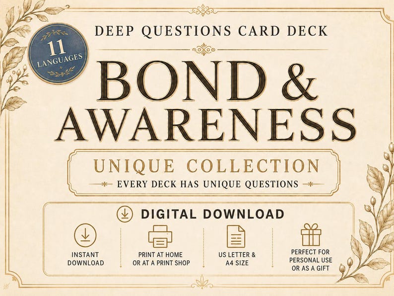 Op de afbeelding: Een digitaal kaartspel om te downloaden met de titel Deep Questions Card Deck Bond & Awareness Unique Collection. De beige afbeelding bevat donkere tekst, een blauwe cirkel met 11 Languages en iconen voor downloaden en printen.
