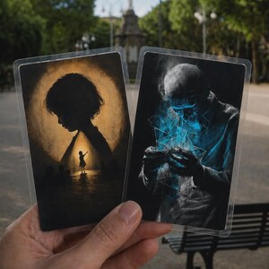 Puede incluir: Dos tarjetas coleccionables rectangulares en fundas de pl&aacute;stico transparente. La tarjeta de la izquierda muestra la silueta de una persona frente a una gran luz circular dorada. La de la derecha representa a una persona en escala de grises sosteniendo formas geom&eacute;tricas azules brillantes.