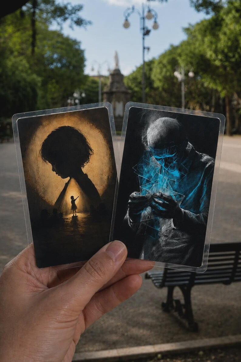 Puede incluir: Dos tarjetas coleccionables rectangulares en fundas de pl&aacute;stico transparente. La tarjeta de la izquierda muestra la silueta de una persona frente a una gran luz circular dorada. La de la derecha representa a una persona en escala de grises sosteniendo formas geom&eacute;tricas azules brillantes.