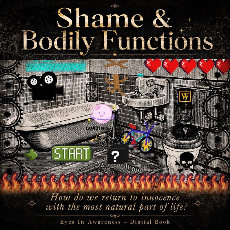 May include: A digital book cover titled Shame & Bodily Functions featuring a black and white bathroom illustration with overlaid pixel art elements including red hearts, a loading icon, a start button, a bicycle, a skull, and flames at the bottom.