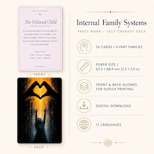May include: Internal Family Systems self-therapy deck featuring 54 cards in poker size 2.5 x 3.5 inches. Includes a card titled The Unloved Child with practice steps and a back design showing a silhouette of a person reaching toward a heart shape.