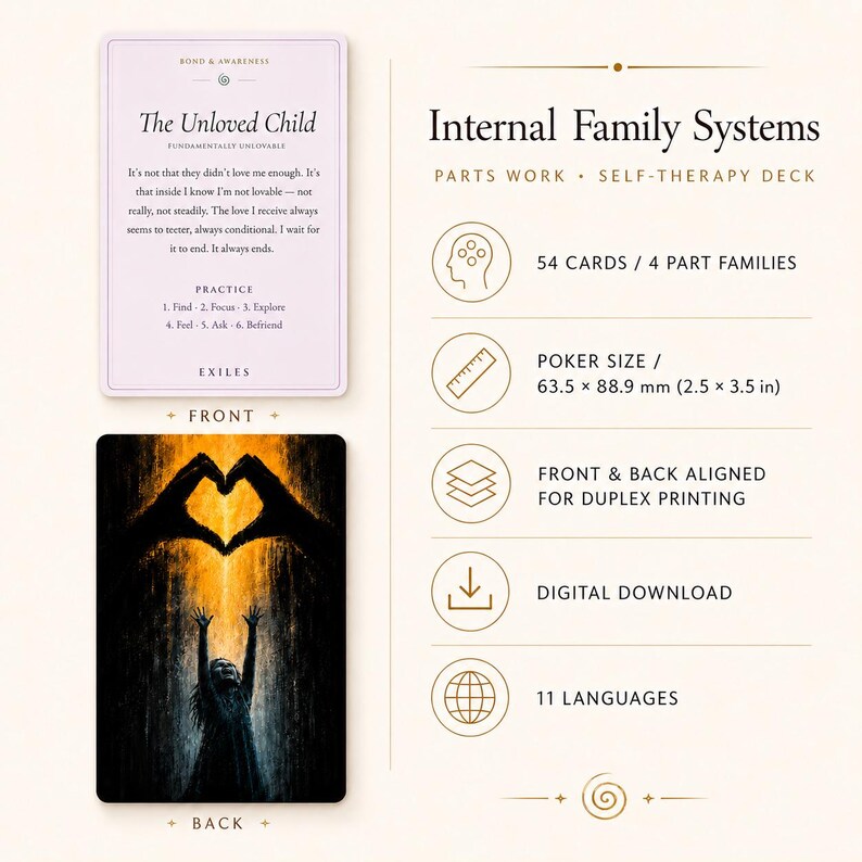 May include: Internal Family Systems self-therapy deck featuring 54 cards in poker size 2.5 x 3.5 inches. Includes a card titled The Unloved Child with practice steps and a back design showing a silhouette of a person reaching toward a heart shape.