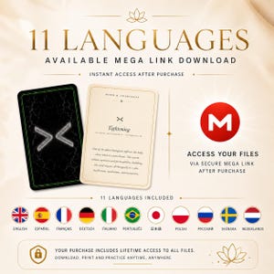 May include: A digital product display featuring two cards, one with a black textured background and a silver symbol, the other cream-colored with the text 'Tightening'. Includes a red Mega logo, text stating '11 LANGUAGES AVAILABLE MEGA LINK DOWNLOAD', and eleven national flag icons representing the included language options.
