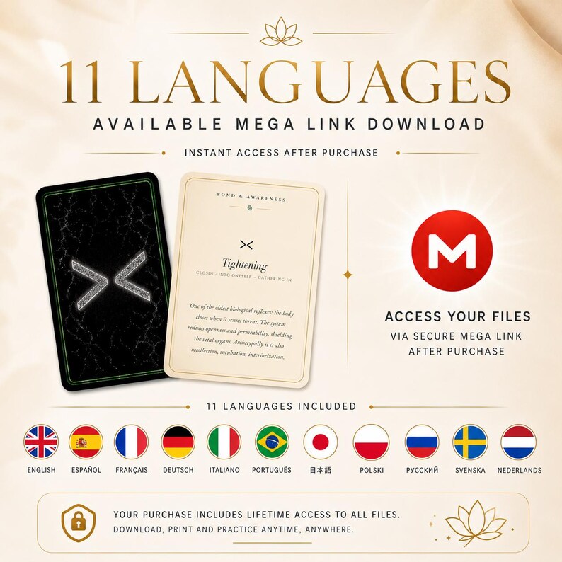 May include: A digital product display featuring two cards, one with a black textured background and a silver symbol, the other cream-colored with the text 'Tightening'. Includes a red Mega logo, text stating '11 LANGUAGES AVAILABLE MEGA LINK DOWNLOAD', and eleven national flag icons representing the included language options.