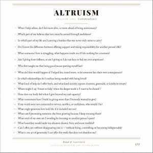 May include: A white page with black text titled ALTRUISM and SHADOW SIDE: Codependency. It lists twenty numbered reflective questions about personal boundaries and relationships, ending with the text Bond & Awareness and the number 01.