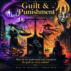 May include: A digital book cover titled Guilt & Punishment featuring a central scale, a figure in a cage, and a person with long hair. The artwork uses purple, orange, and black tones with text reading How do we understand and transform the guilt we carry within? and Eyes In Awareness - Digital Book.
