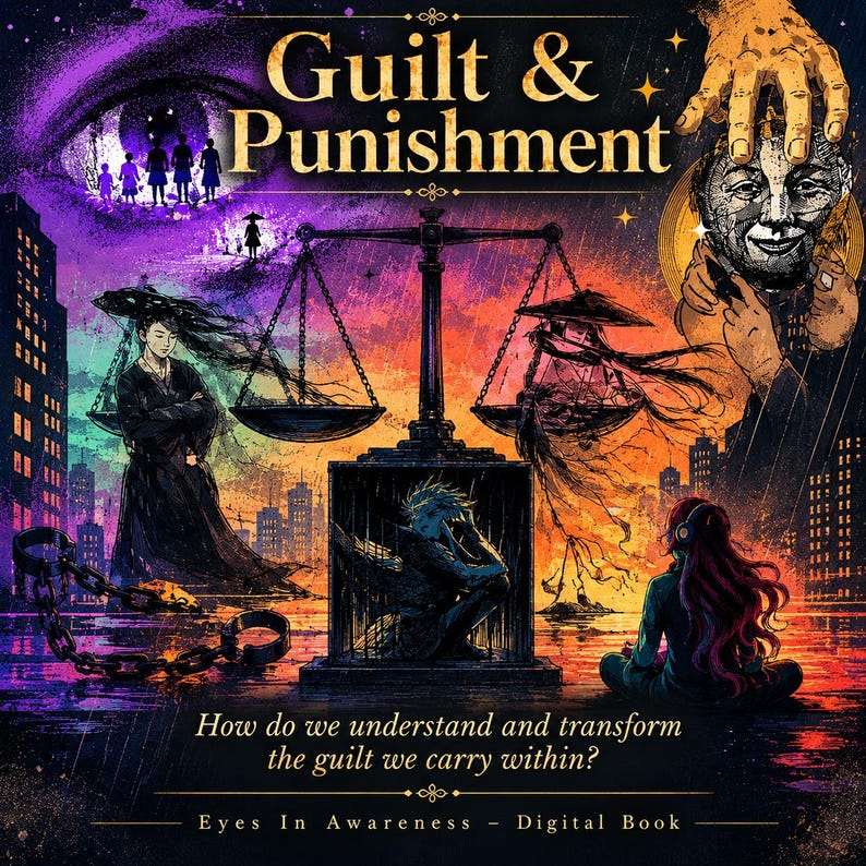 May include: A digital book cover titled Guilt & Punishment featuring a central scale, a figure in a cage, and a person with long hair. The artwork uses purple, orange, and black tones with text reading How do we understand and transform the guilt we carry within? and Eyes In Awareness - Digital Book.