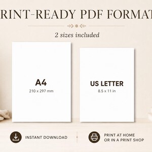 May include: Two white rectangular paper sheets labeled A4 measuring 210 x 297 mm and US Letter measuring 8.5 x 11 inches. The text PRINT-READY PDF FORMATS and 2 sizes included appear above the sheets, with icons for instant download and printing.