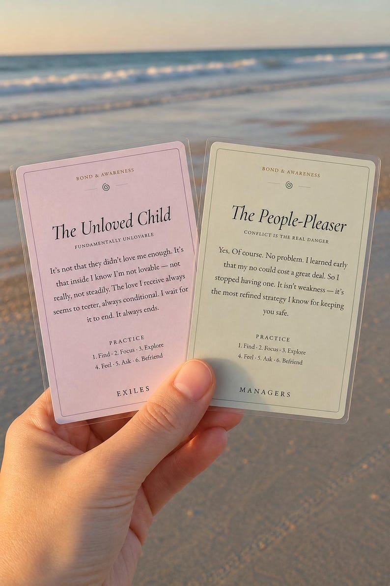 May include: Two rectangular cards with rounded corners. The left card is light pink, titled The Unloved Child, with the text Fundamentally Unlovable and a practice list. The right card is light green, titled The People-Pleaser, with the text Conflict is the real danger and a practice list. Both cards feature the header Bond & Awareness.