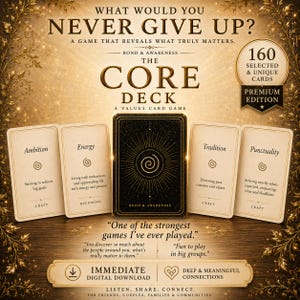 May include: The Core Deck, a values card game, features a black card deck with a spiral design and 160 unique cards. The game includes cards with words like Ambition, Energy, Tradition, and Punctuality. The game is for friends, couples, families, and communities.