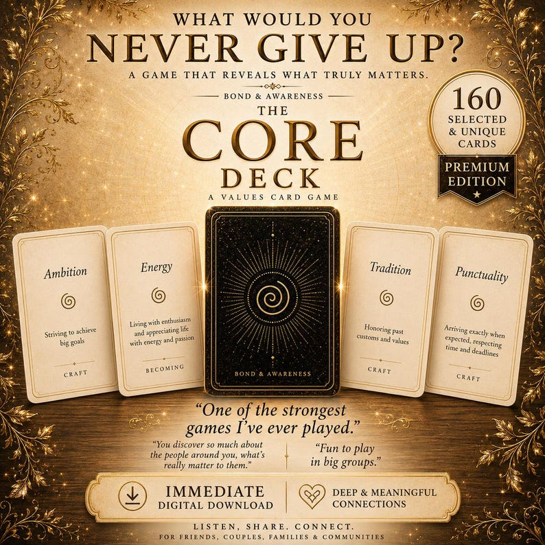 May include: The Core Deck, a values card game, features a black card deck with a spiral design and 160 unique cards. The game includes cards with words like Ambition, Energy, Tradition, and Punctuality. The game is for friends, couples, families, and communities.