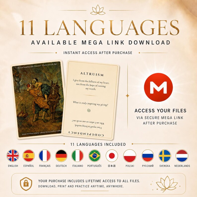 May include: A digital product listing featuring two cards with text and imagery, including the word ALTRUISM and a painting of The Good Samaritan. The graphic includes the text 11 LANGUAGES AVAILABLE MEGA LINK DOWNLOAD and icons of eleven national flags, indicating that files are accessible via a secure Mega link.