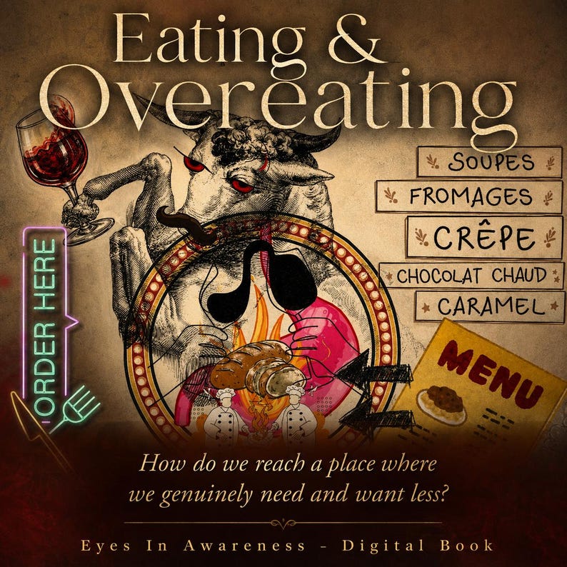 May include: A digital book cover titled Eating & Overeating featuring an illustration of a bull holding a wine glass, a circular frame with bread and chefs, a menu, and a neon sign reading ORDER HERE with the text How do we reach a place where we genuinely need and want less?