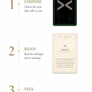 May include: A three-step instructional guide featuring a black card with a white X symbol and a cream-colored card with the text Bond & Awareness, Tightening, and descriptive paragraphs. The steps are labeled 1 Choose, 2 Read, and 3 Feel with text.
