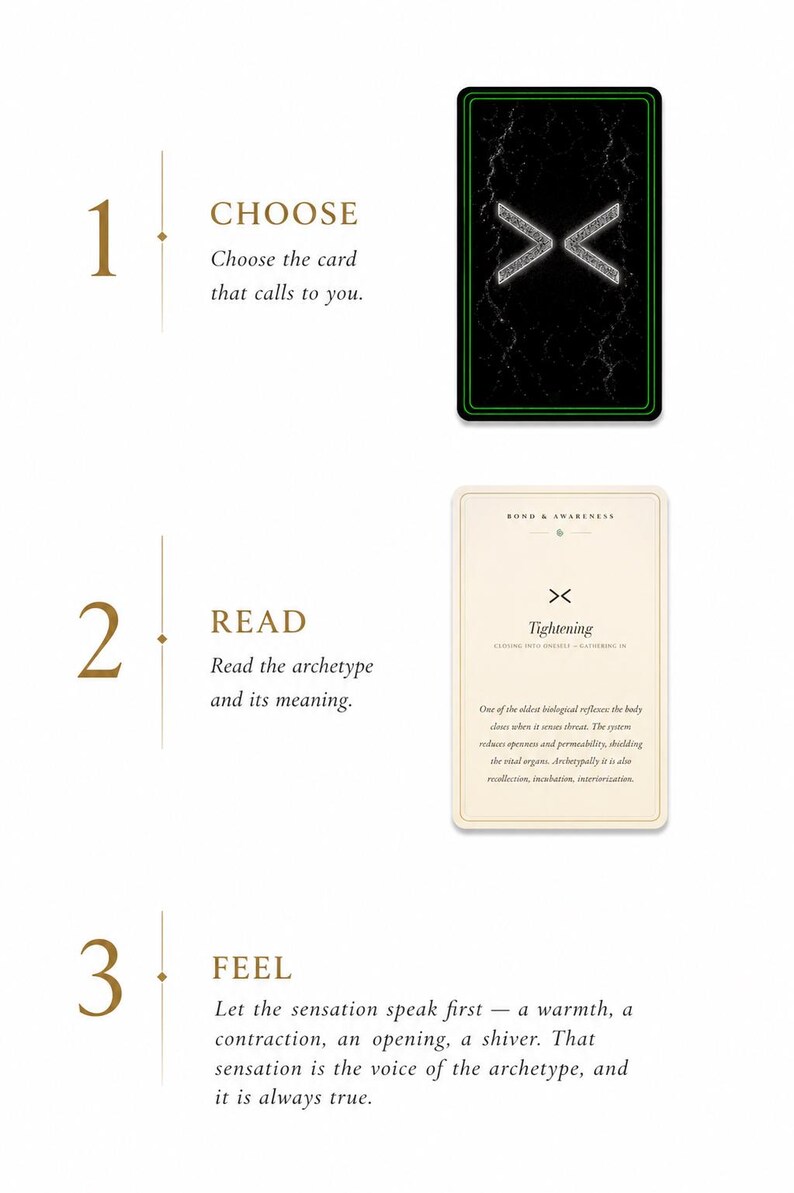 May include: A three-step instructional guide featuring a black card with a white X symbol and a cream-colored card with the text Bond & Awareness, Tightening, and descriptive paragraphs. The steps are labeled 1 Choose, 2 Read, and 3 Feel with text.