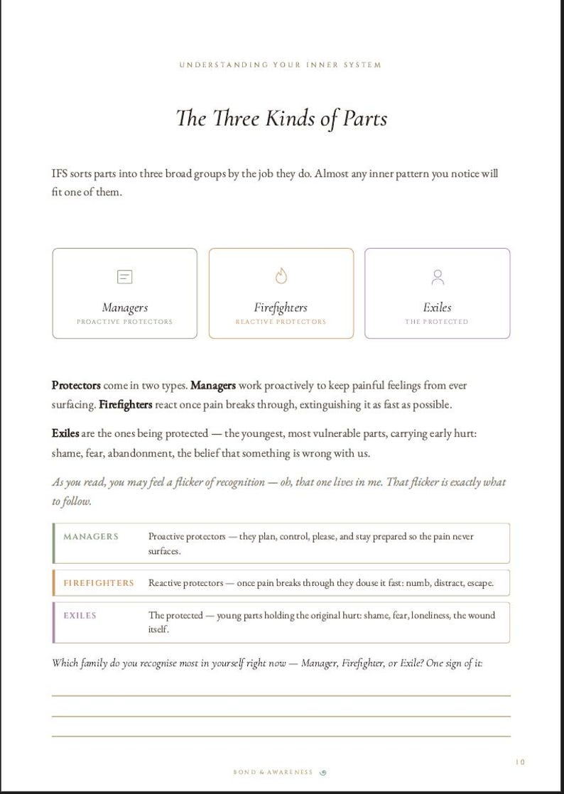 May include: A printed page titled Understanding Your Inner System: The Three Kinds of Parts. It outlines Managers, Firefighters, and Exiles with definitions and descriptions of their roles in protecting the self, including blank lines for notes.