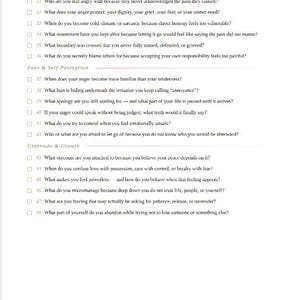 May include: A white document titled SHADOW WORK Journal Prompts with sections for Soul & Meaning, Fear & Self-Perception, and Gratitude & Growth. It lists numbered questions from 31 to 48, each with a checkbox, printed in black text on a white page.