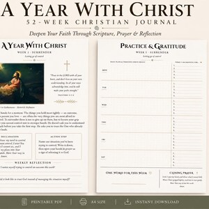 May include: A two-page A4 printable Christian journal titled A Year With Christ. The left page features a painting of Christ in Gethsemane, scripture, and reflection prompts. The right page includes a weekly practice and gratitude planner layout.