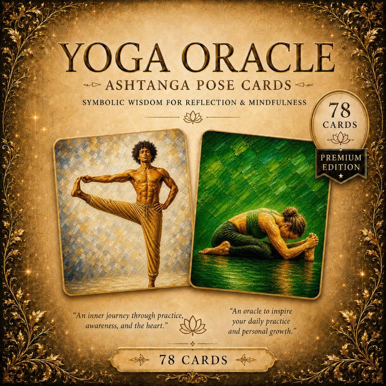 May include: A Yoga Oracle Ashtanga Pose Cards set with 78 cards. The cards feature images of yoga poses and text about symbolic wisdom for reflection and mindfulness. The set is a premium edition.