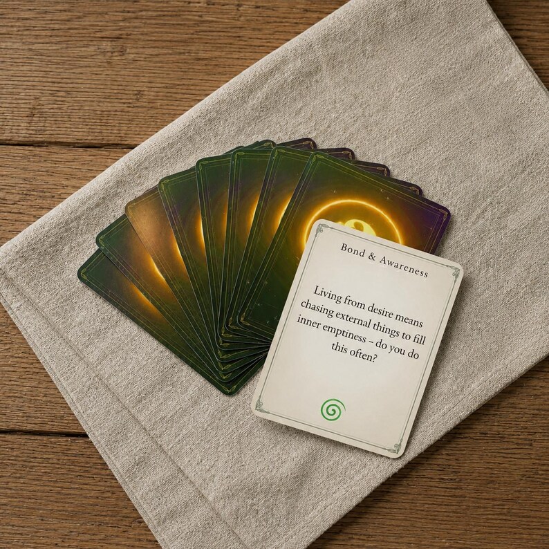 May include: A deck of cards fanned out, with the top card featuring the text Bond & Awareness, followed by the sentence Living from desire means chasing external things to fill inner emptiness &ndash; do you do this often? and a green spiral icon.