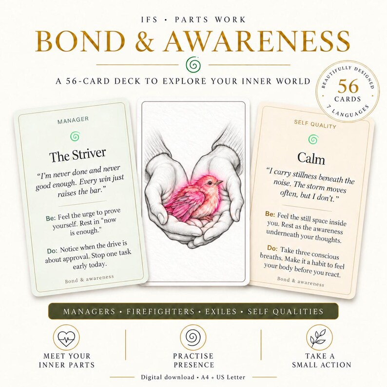 May include: A 56-card deck titled Bond & Awareness featuring IFS Parts Work. The cards display text including The Striver and Calm, alongside an illustration of hands holding a pink bird. The set includes sections for Managers, Firefighters, Exiles, and Self Qualities, with icons for meeting inner parts, practicing presence, and taking action.