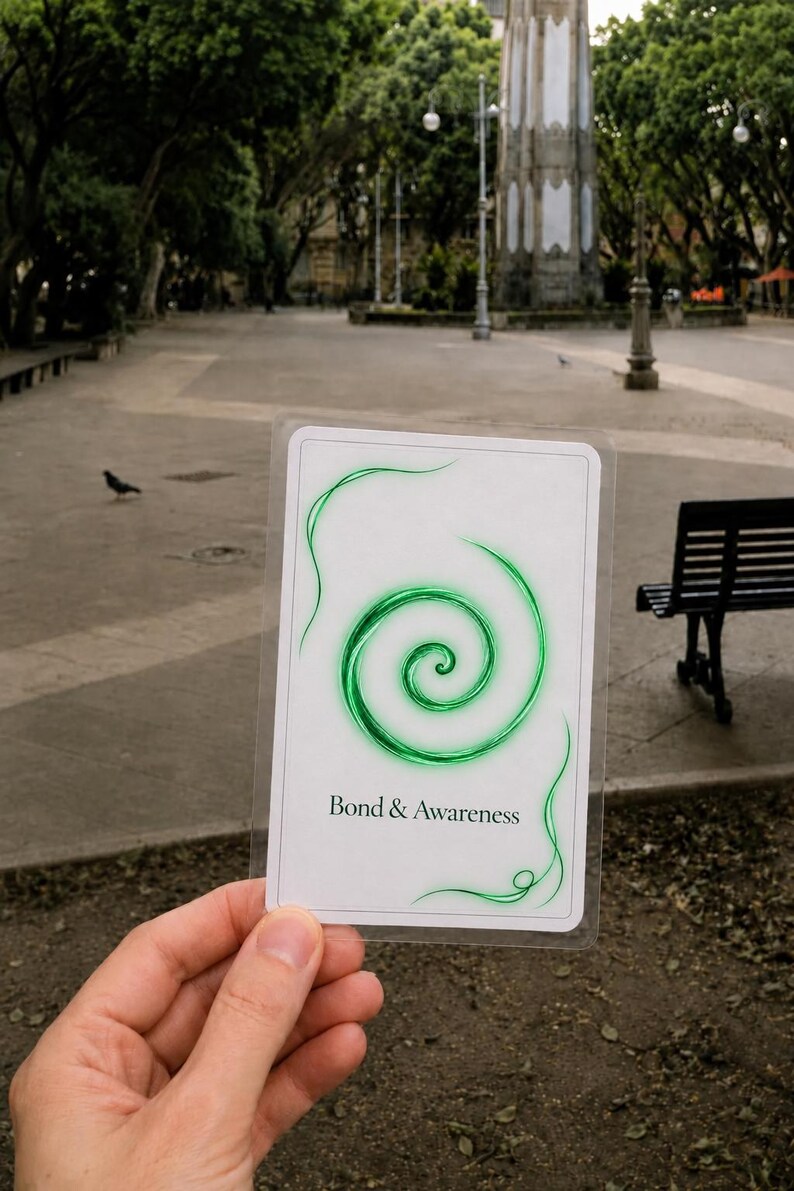 May include: A rectangular white card featuring a vibrant green spiral graphic centered on the front. Below the spiral, the text Bond & Awareness is printed in a clear black serif font. The card is encased in a thin, transparent plastic sleeve.