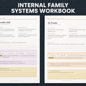 May include: Two pages from an Internal Family Systems workbook with white backgrounds and black text. The left page is titled The Invisible Child, and the right page is titled The Provoker. Both pages feature structured sections for notes, reflections, and prompts.