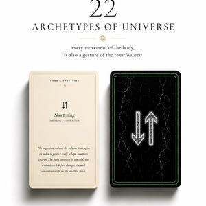 May include: Two rectangular cards titled 22 Archetypes of Universe. One card is cream-colored with black text reading Bond & Awareness, Shortening, and descriptive sentences. The other card is black with a green border and a white arrow icon.