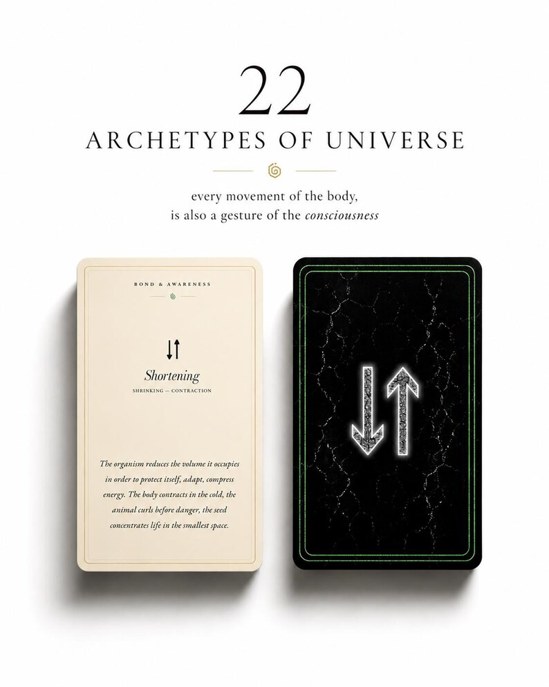 May include: Two rectangular cards titled 22 Archetypes of Universe. One card is cream-colored with black text reading Bond & Awareness, Shortening, and descriptive sentences. The other card is black with a green border and a white arrow icon.