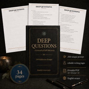 May include: A black journal titled Deep Questions: A Journal of Self-Discovery with gold lettering, accompanied by three white pages featuring lists of reflection prompts, a circular blue badge stating 34 pages, and two black pens on a dark surface.