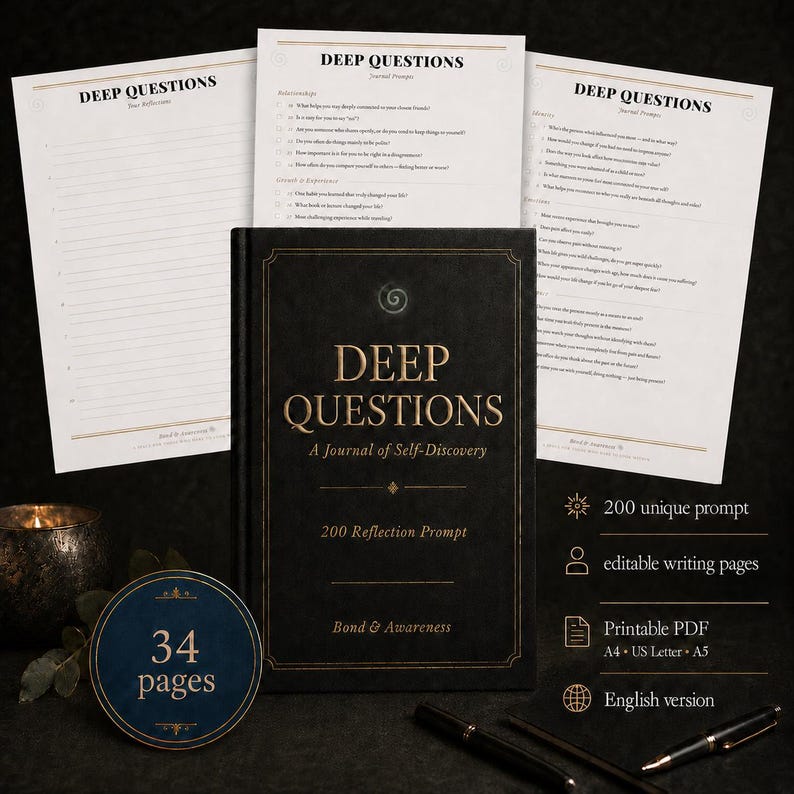 May include: A black journal titled Deep Questions: A Journal of Self-Discovery with gold lettering, accompanied by three white pages featuring lists of reflection prompts, a circular blue badge stating 34 pages, and two black pens on a dark surface.